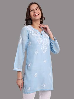 Embroidered Blue Cotton Lucknowi Chikankari Indian Women Straight Kurti 4