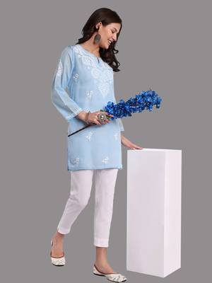 Embroidered Blue Cotton Lucknowi Chikankari Indian Women Straight Kurti 5