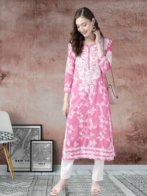Hand Embroidered Pink Floral Cotton Lucknowi Chikankari Indian Women Straight Kurta 1