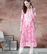 Hand Embroidered Pink Floral Cotton Lucknowi Chikankari Indian Women Straight Kurta