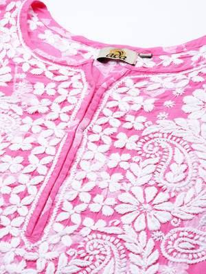 Hand Embroidered Pink Floral Cotton Lucknowi Chikankari Indian Women Straight Kurta 2