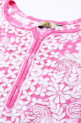 Hand Embroidered Pink Floral Cotton Lucknowi Chikankari Indian Women Straight Kurta