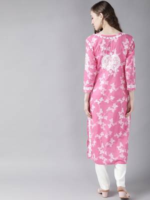 Hand Embroidered Pink Floral Cotton Lucknowi Chikankari Indian Women Straight Kurta 3