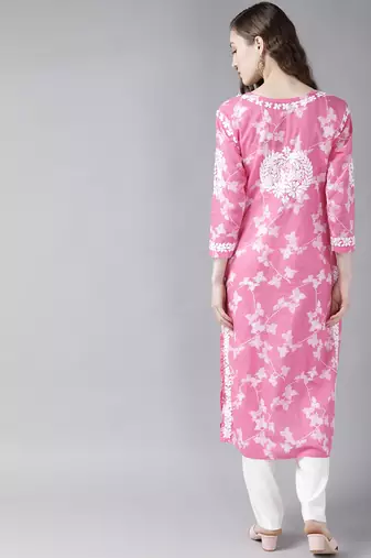 Hand Embroidered Pink Floral Cotton Lucknowi Chikankari Indian Women Straight Kurta