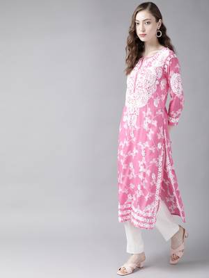 Hand Embroidered Pink Floral Cotton Lucknowi Chikankari Indian Women Straight Kurta 4