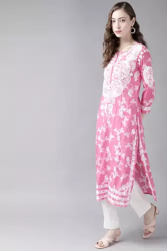 Hand Embroidered Pink Floral Cotton Lucknowi Chikankari Indian Women Straight Kurta