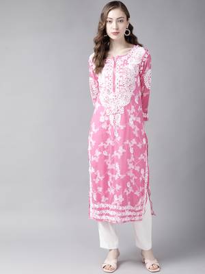 Hand Embroidered Pink Floral Cotton Lucknowi Chikankari Indian Women Straight Kurta 5