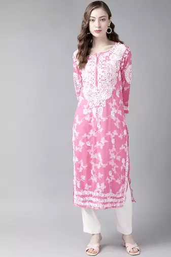 Hand Embroidered Pink Floral Cotton Lucknowi Chikankari Indian Women Straight Kurta
