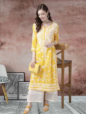 Hand Embroidered Yellow Cotton Lucknowi Chikan Indian Women Kurta 1