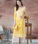 Hand Embroidered Yellow Cotton Lucknowi Chikan Indian Women Kurta