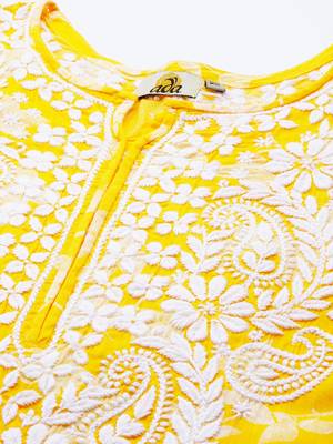 Hand Embroidered Yellow Cotton Lucknowi Chikan Indian Women Kurta 2