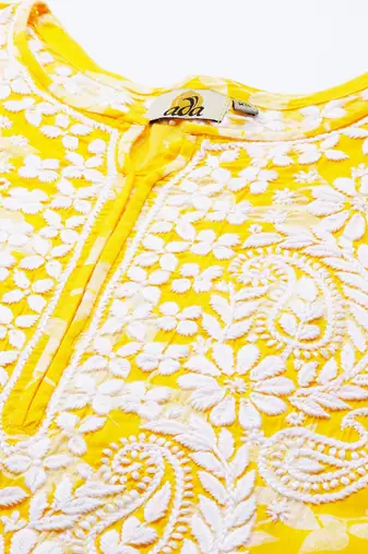 Hand Embroidered Yellow Cotton Lucknowi Chikan Indian Women Kurta