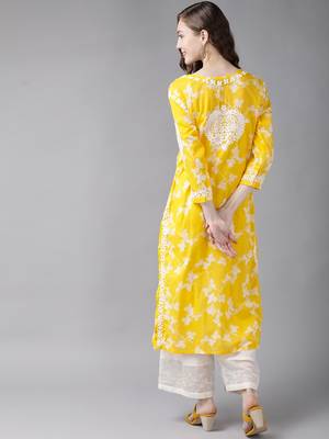 Hand Embroidered Yellow Cotton Lucknowi Chikan Indian Women Kurta 3