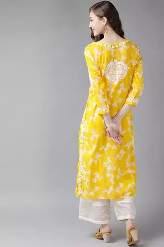 Hand Embroidered Yellow Cotton Lucknowi Chikan Indian Women Kurta