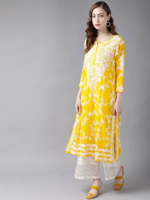 Hand Embroidered Yellow Cotton Lucknowi Chikan Indian Women Kurta 4