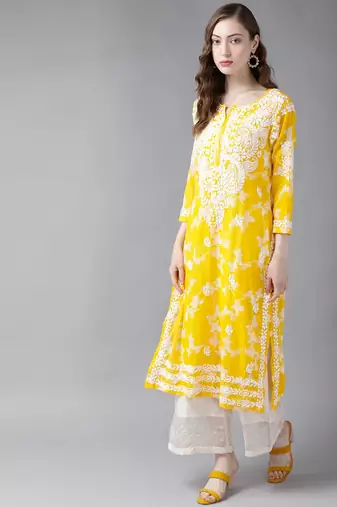 Hand Embroidered Yellow Cotton Lucknowi Chikan Indian Women Kurta