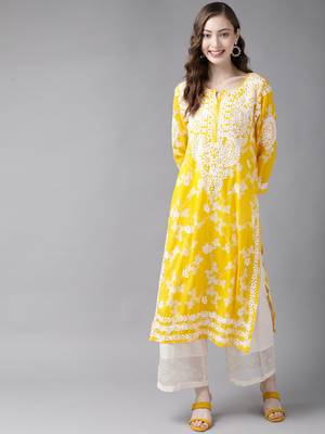 Hand Embroidered Yellow Cotton Lucknowi Chikan Indian Women Kurta 5