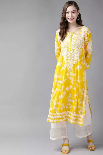 Hand Embroidered Yellow Cotton Lucknowi Chikan Indian Women Kurta