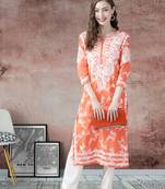 Hand Embroidered Orange Cotton Lucknowi Chikankari Indian Women Straight Kurta