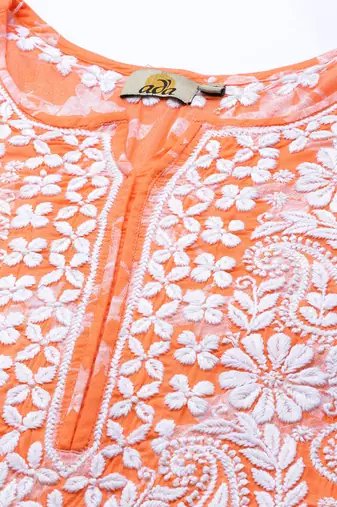 Hand Embroidered Orange Cotton Lucknowi Chikankari Indian Women Straight Kurta