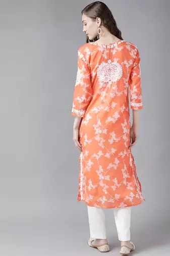 Hand Embroidered Orange Cotton Lucknowi Chikankari Indian Women Straight Kurta