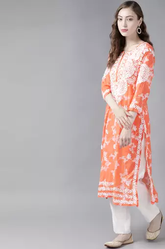 Hand Embroidered Orange Cotton Lucknowi Chikankari Indian Women Straight Kurta