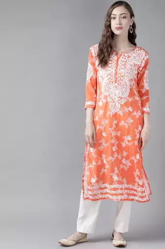 Hand Embroidered Orange Cotton Lucknowi Chikankari Indian Women Straight Kurta