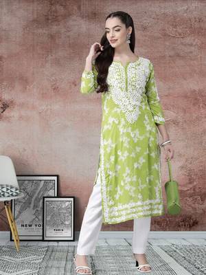 Hand Embroidered Green Cotton Lucknowi Indian Women Chikan Kurta 1