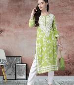 Hand Embroidered Green Cotton Lucknowi Indian Women Chikan Kurta