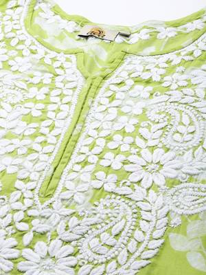 Hand Embroidered Green Cotton Lucknowi Indian Women Chikan Kurta 2