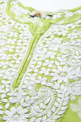 Hand Embroidered Green Cotton Lucknowi Indian Women Chikan Kurta