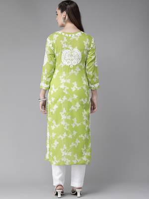 Hand Embroidered Green Cotton Lucknowi Indian Women Chikan Kurta 3