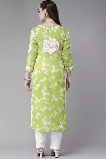 Hand Embroidered Green Cotton Lucknowi Indian Women Chikan Kurta