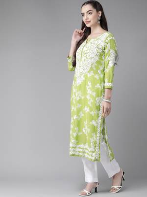 Hand Embroidered Green Cotton Lucknowi Indian Women Chikan Kurta 4