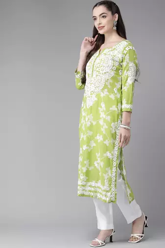Hand Embroidered Green Cotton Lucknowi Indian Women Chikan Kurta