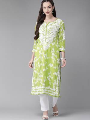 Hand Embroidered Green Cotton Lucknowi Indian Women Chikan Kurta 5