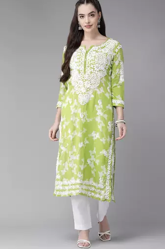 Hand Embroidered Green Cotton Lucknowi Indian Women Chikan Kurta