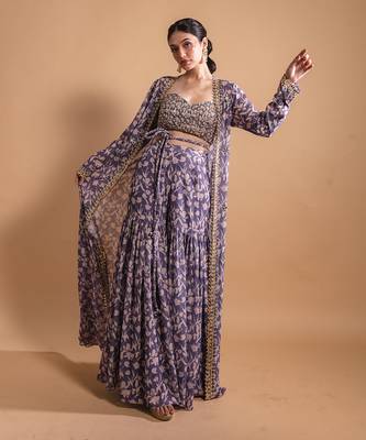Purple printed sharara and jacket set 1