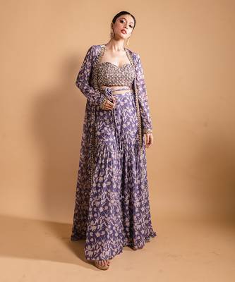 Purple printed sharara and jacket set 2