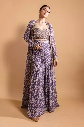Purple printed sharara and jacket set