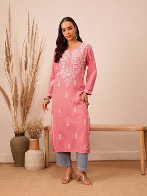 Hand Embroidered Peach Rayon Lucknowi Chikankari Indian Women Straight Kurta 1