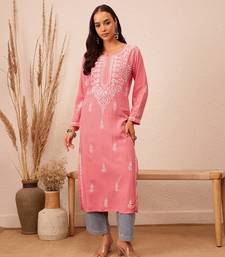 Hand Embroidered Peach Rayon Lucknowi Chikankari Indian Women Straight Kurta