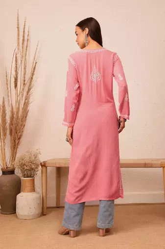Hand Embroidered Peach Rayon Lucknowi Chikankari Indian Women Straight Kurta