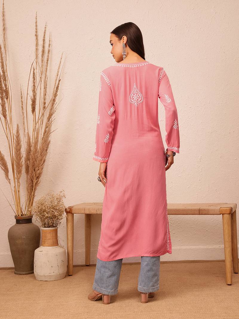 Hand Embroidered Peach Rayon Lucknowi Chikankari Indian Women Straight Kurta