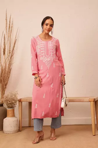 Hand Embroidered Peach Rayon Lucknowi Chikankari Indian Women Straight Kurta