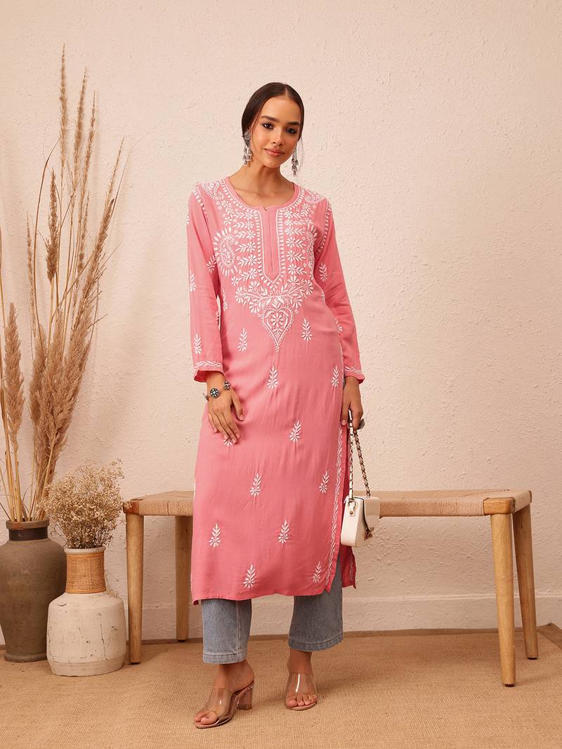 Hand Embroidered Peach Rayon Lucknowi Chikankari Indian Women Straight Kurta