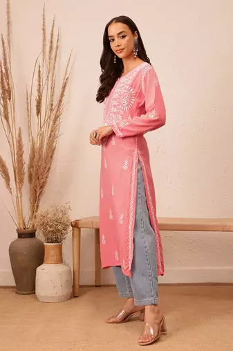 Hand Embroidered Peach Rayon Lucknowi Chikankari Indian Women Straight Kurta