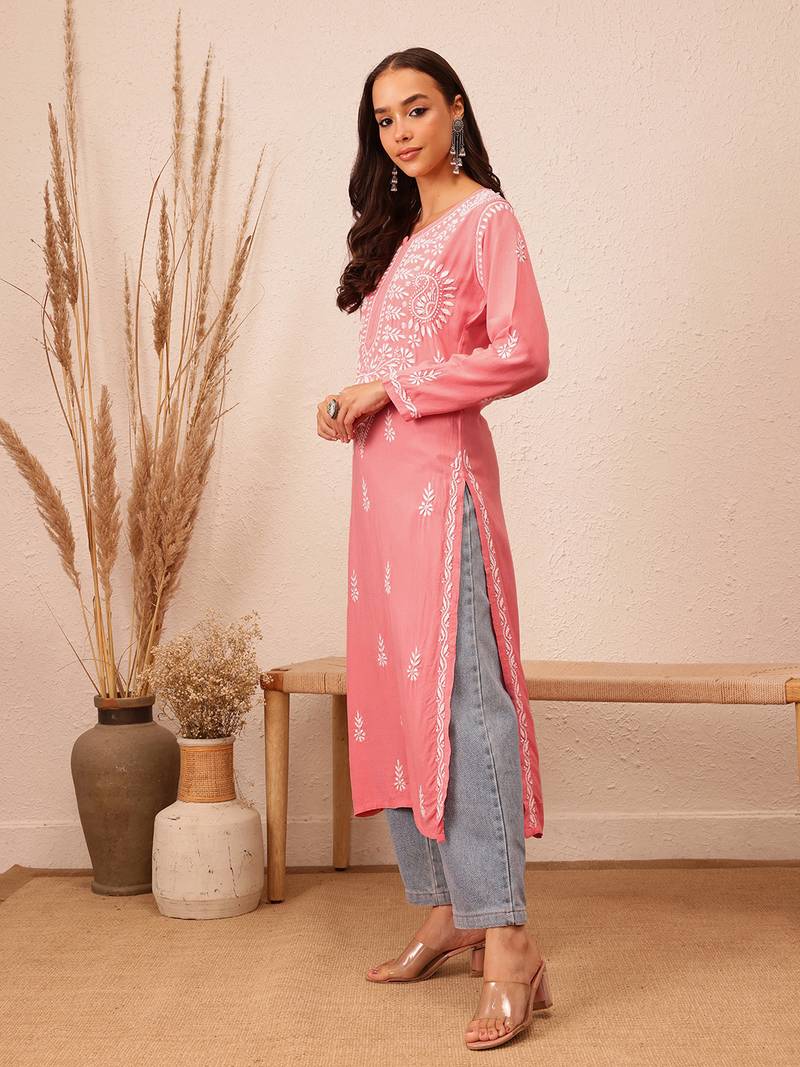 Hand Embroidered Peach Rayon Lucknowi Chikankari Indian Women Straight Kurta