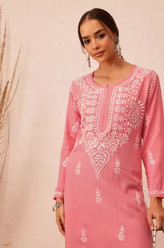 Hand Embroidered Peach Rayon Lucknowi Chikankari Indian Women Straight Kurta