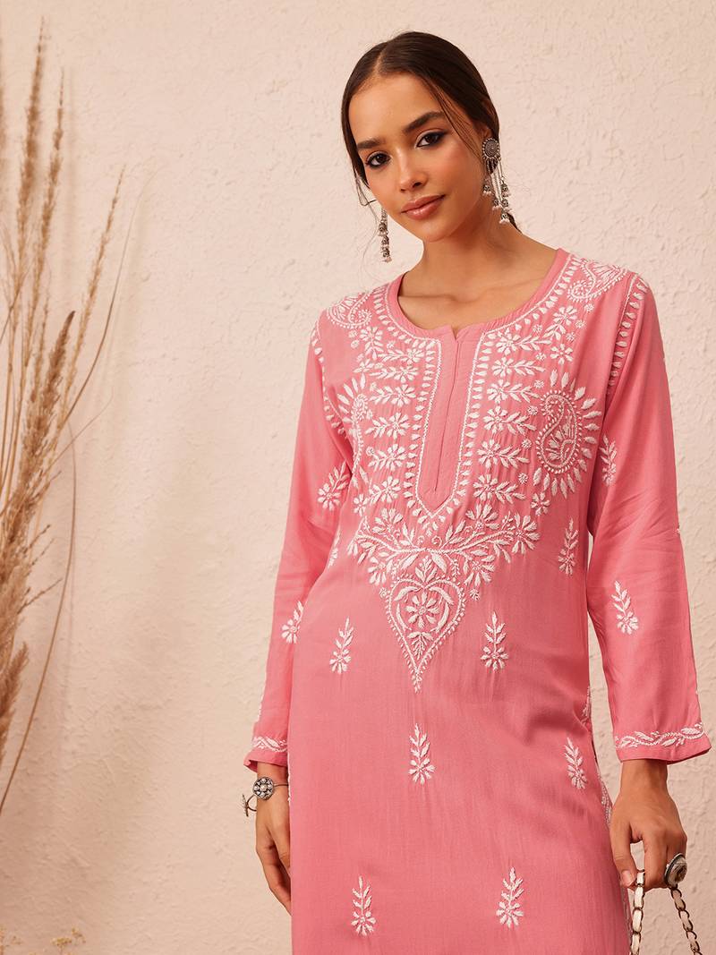 Hand Embroidered Peach Rayon Lucknowi Chikankari Indian Women Straight Kurta